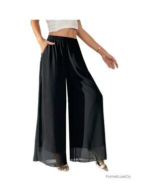 Flowy Chiffon Palazzo Pants High Waist Wide Leg Trousers with Pockets